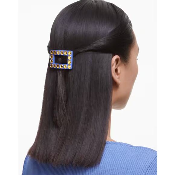 Swarovski Hair clip Round cut, Rectangular shape, Blue, Gold-tone plated